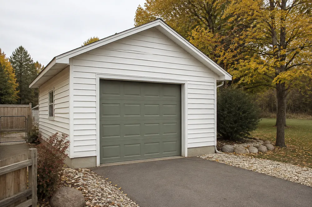 Illustrative detached garage with a sage door and autumn trees