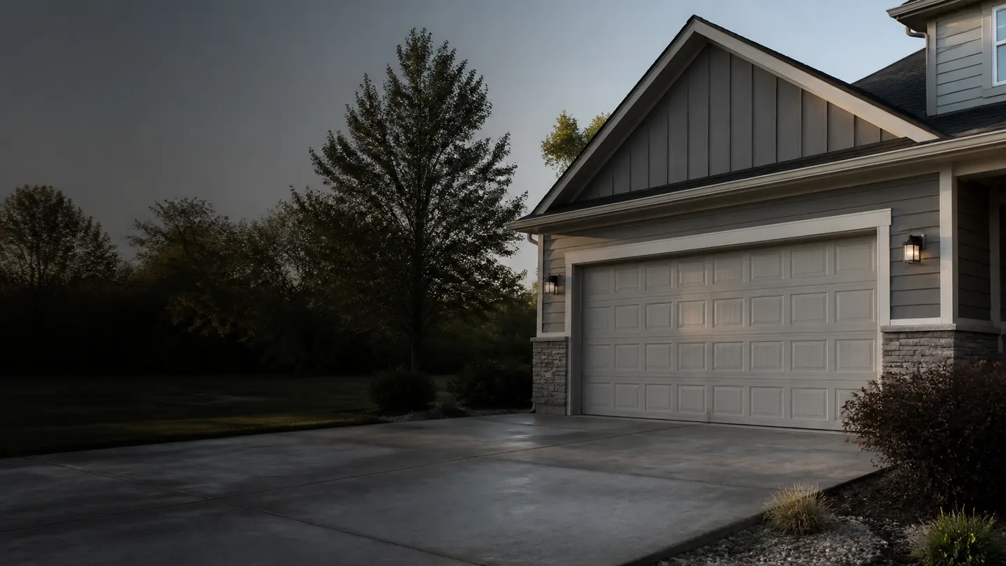 Closed sectional garage door on an illustrative suburban home