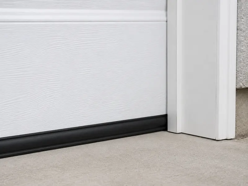 Black bottom seal meeting the concrete below a white garage door